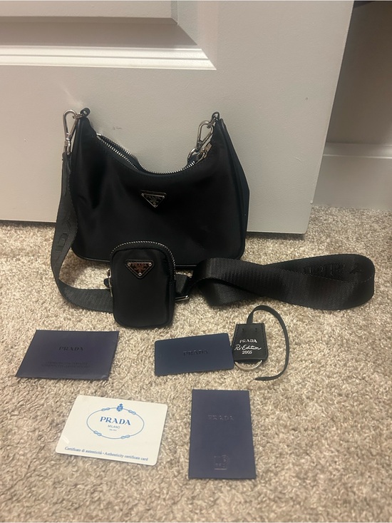 Prada Handbags - Prada Black Nylon Shoulder Bag with Detachable Strap and Mini Pouch